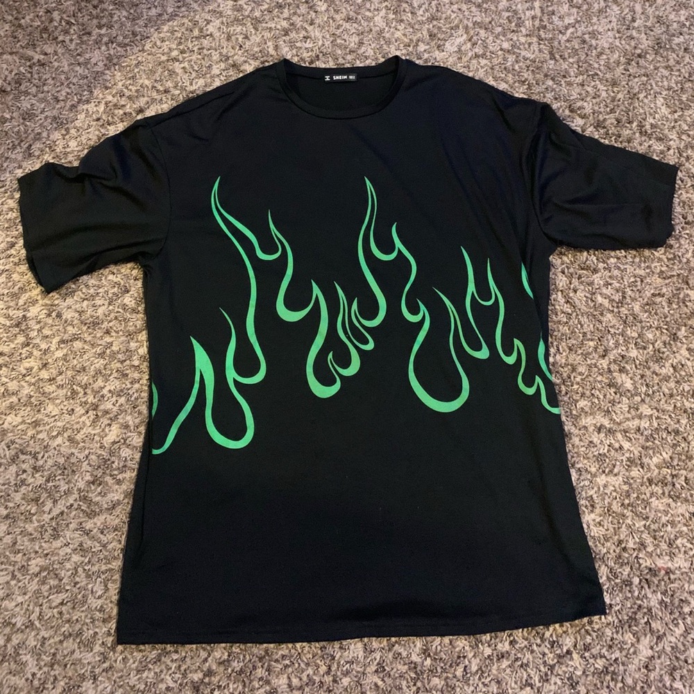 black oversized t-shirt with green flames